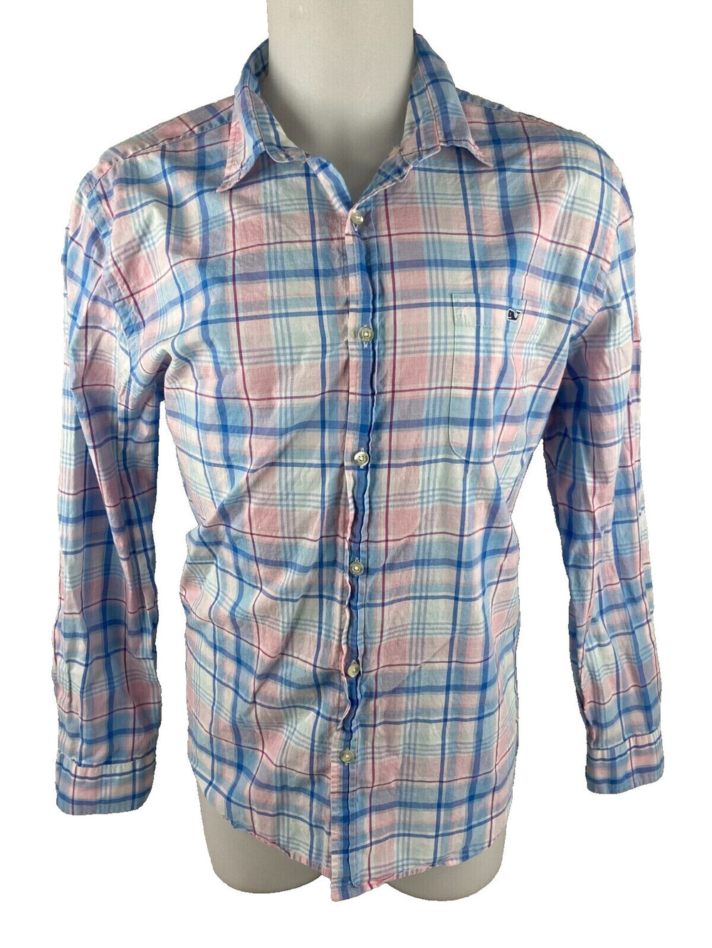 Vineyard Vines Men XL Slim Fit Tucker Shirt Blue Pink Plaid